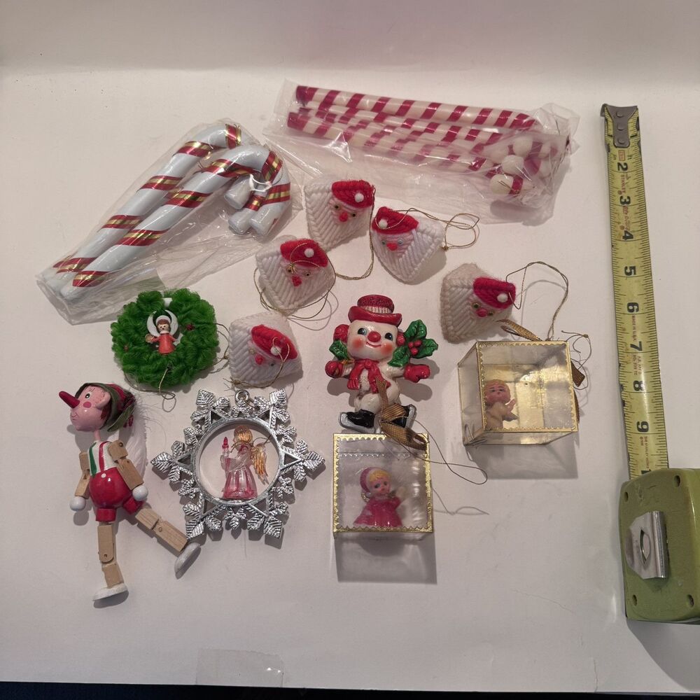 Mid Century Christmas Ornaments Lot Vintage Flocked Wood Santa